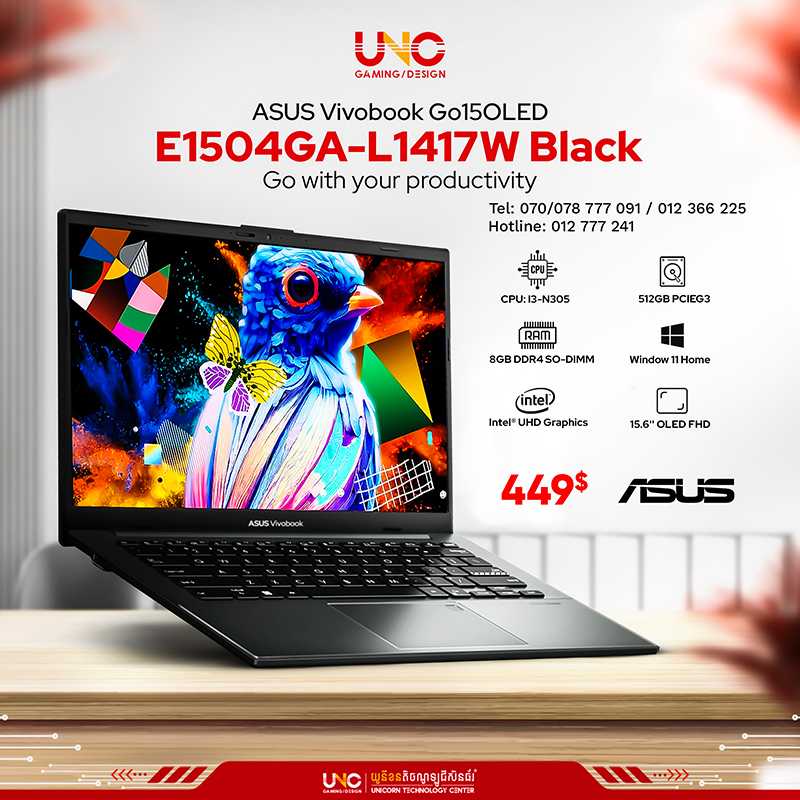 ASUS Vivobook E1504GA-L1417W-MIXED BLACK Intel i3-N305/ DDR4 8GB (ON BD)/ 512GB PCIEG3/ No DVD/ 15.6" OLED FHD/ Intel Graphic/ Window 11/ Backpack