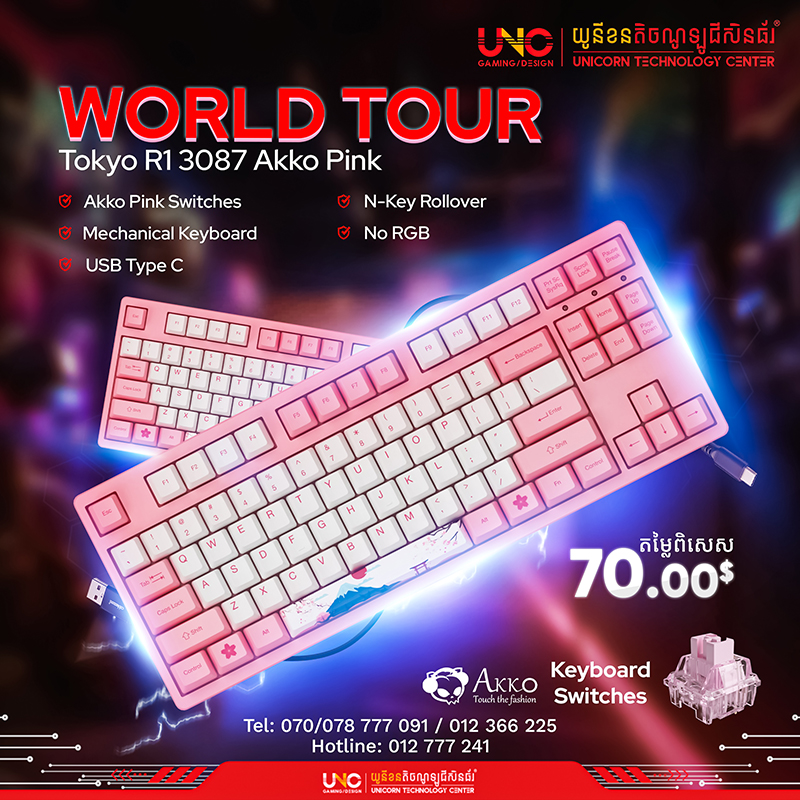 World Tour Tokyo R1 3087 Akko Pink ( USB Type C / No RGB / Akko Pink Switches / N-Key Rollover/ Mechanical Keyboard )