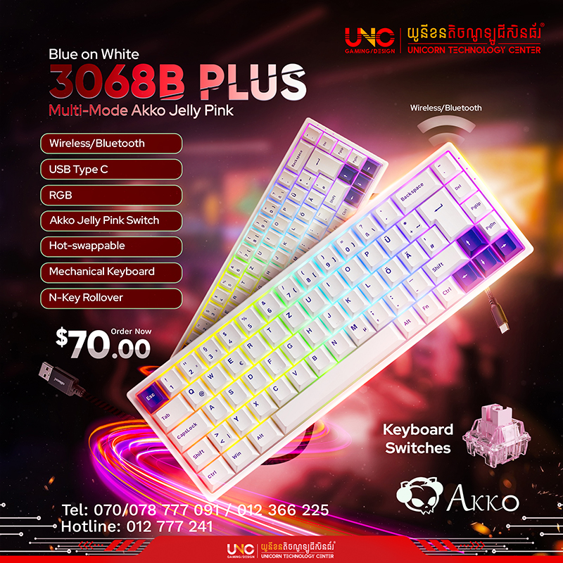Prunus Lannesiana 3068B Plus Multi-Mode Akko Jelly Purple ( Wireless/Bluetooth/USB Type C / RGB​ / Akko Jelly Purple Switch / Hot-swappable / N-Key Rollover / Mechanical Keyboard )